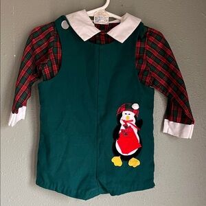 Vintage Baby Festive Green Plaid Christmas Penguin Romper